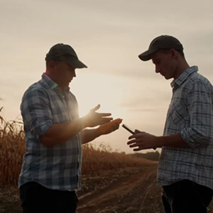Two people standing in a field reviewing information on a tablet