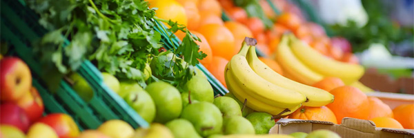Row of fruit at a grocery store.