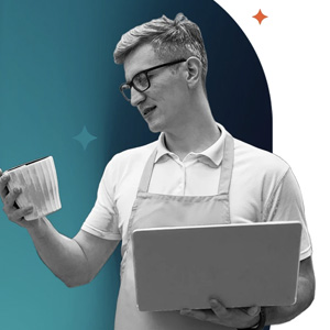 Person holding a mug and laptop against a graphic background