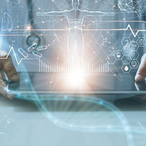 A physician interacts with a tablet displaying a medical diagram, analyzing the details for patient care.