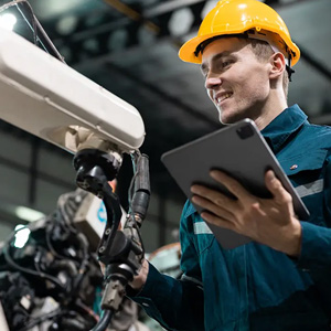 Worker using a tablet beside a robotic arm in a factory