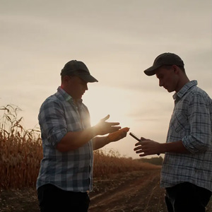 Two men in a corn field, examining a cell phone together, surrounded by tall corn plants under a clear sky.