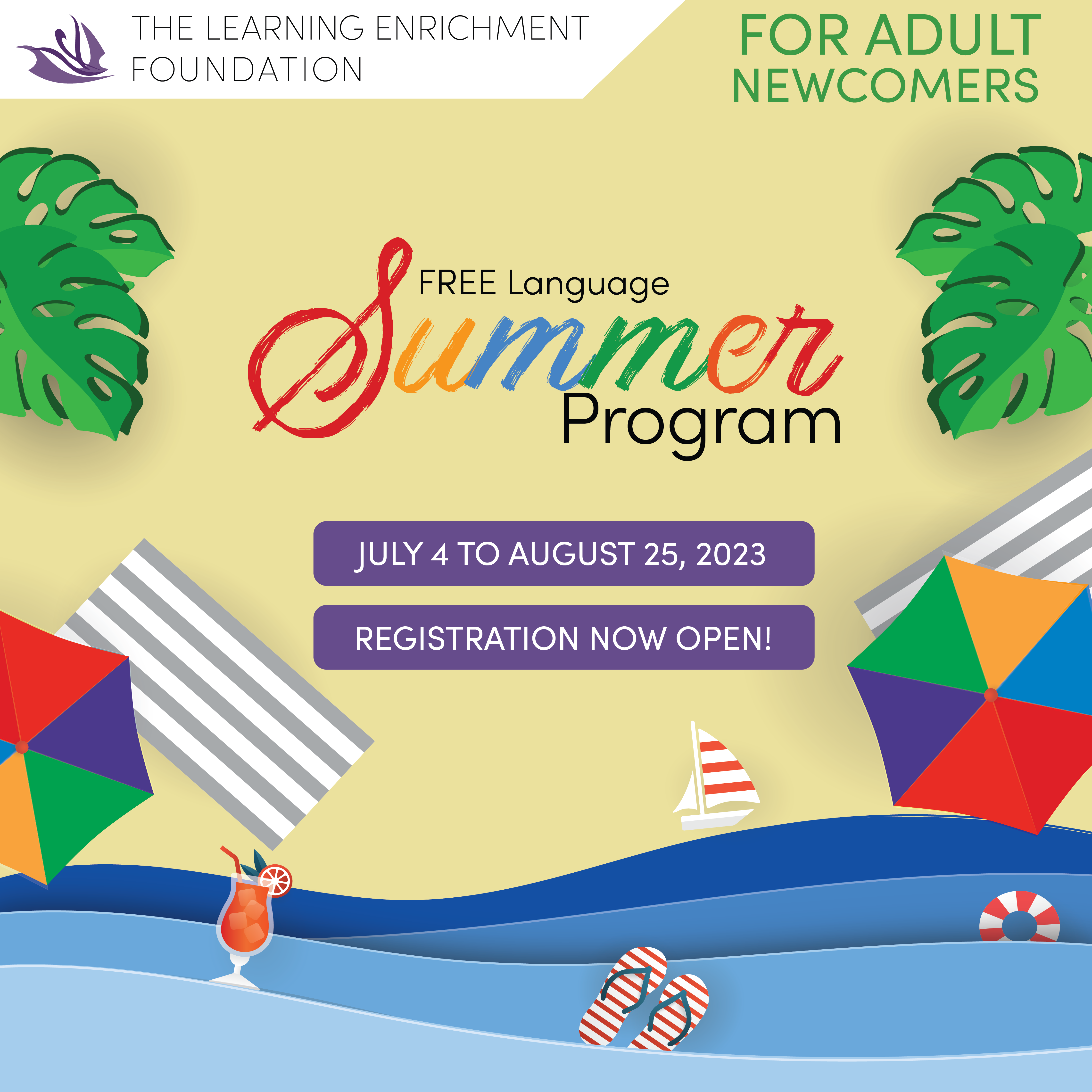 Image of the summer program flyer with the words "Free Online Language Summer Program"