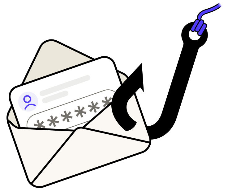 an illustration of a large fish hook through an envelope containing an identity document