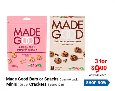 Made Good Bars or Snacks 5 pack/6 pack, Minis 100g or Crackers 5 pack/121g 3 for $9 or $3.49 each SHOP NOW