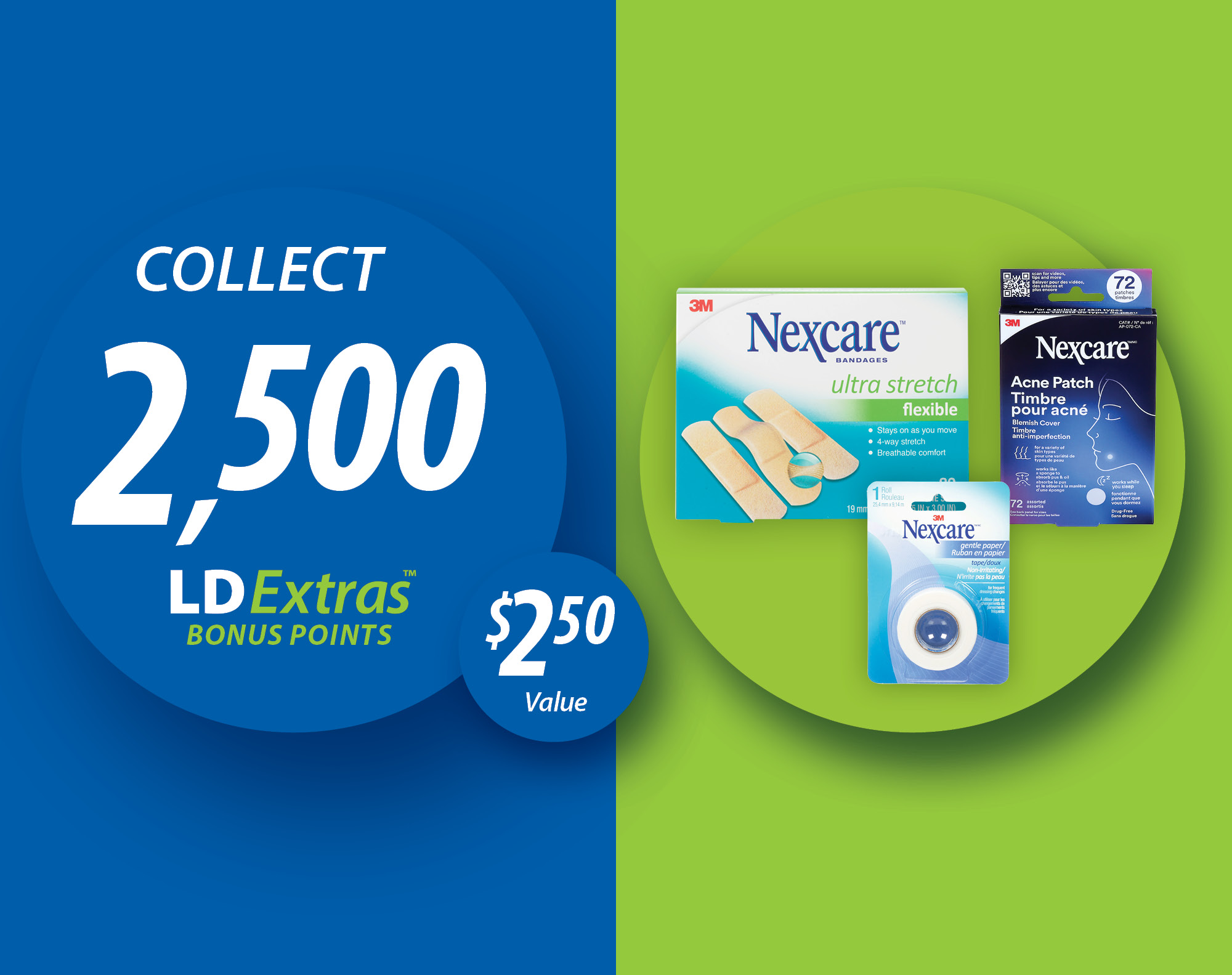 2,500 bonus points when you spend $15 on Nexcare Bandages, Tape or Acne Patches