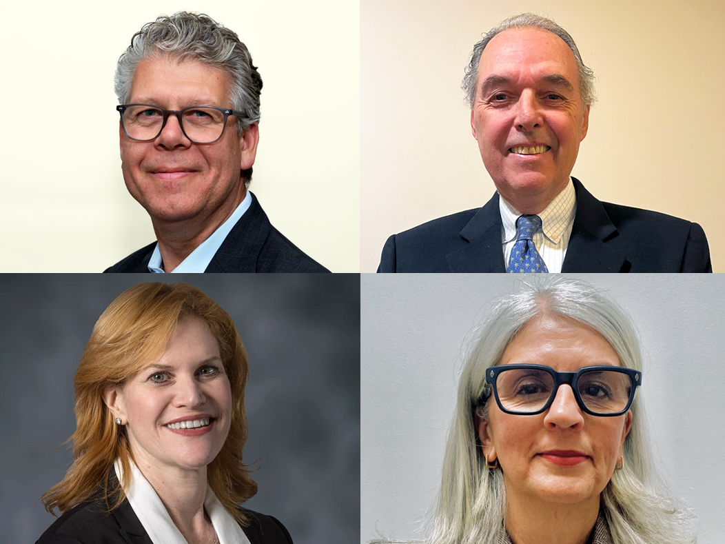 A four‑panel collage showing four individuals dressed in professional business attire, arranged in a 2×2 grid against various neutral backgrounds.