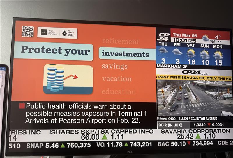 A close‑up of a television screen displaying a financial news channel. The left side shows a graphic that reads “Protect your investments” with icons and related keywords. The bottom ticker lists stock prices and market data. The right side includes a weather forecast, live traffic camera footage, and the CP24 logo.