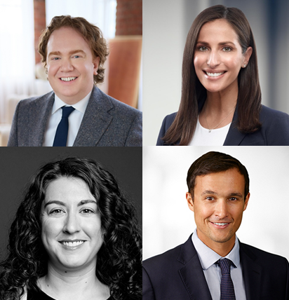 A collage of four professional headshot-style photographs arranged in a 2×2 grid. The top left image shows a person wearing a suit jacket and tie, standing in a softly lit indoor setting with light-colored curtains and a brick wall in the background. The top right image shows a person wearing a dark blazer and light top, positioned against a clean, modern background with soft gradients of light gray. The bottom left image is a monochrome photo of a person with long, curly hair, set against a dark studio-style backdrop. The bottom right image shows a person wearing a suit jacket, dress shirt, and tie, positioned against a bright background with a soft-focus effect.