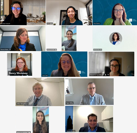 A grid-style video conference screen shows multiple participants in individual tiles, each framed from the shoulders up in home or office settings. Some participants are using virtual backgrounds with organizational branding, while others appear in neutral indoor rooms with desks or shelves visible. Name labels are visible on several tiles, and the layout suggests a large online meeting or panel discussion conducted via a video conferencing platform.